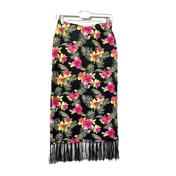 Kelly And Diane Womens Tropical Silk Maxi Skirt 2 Floral Fringe Bottom Resort - Picture 1 of 10